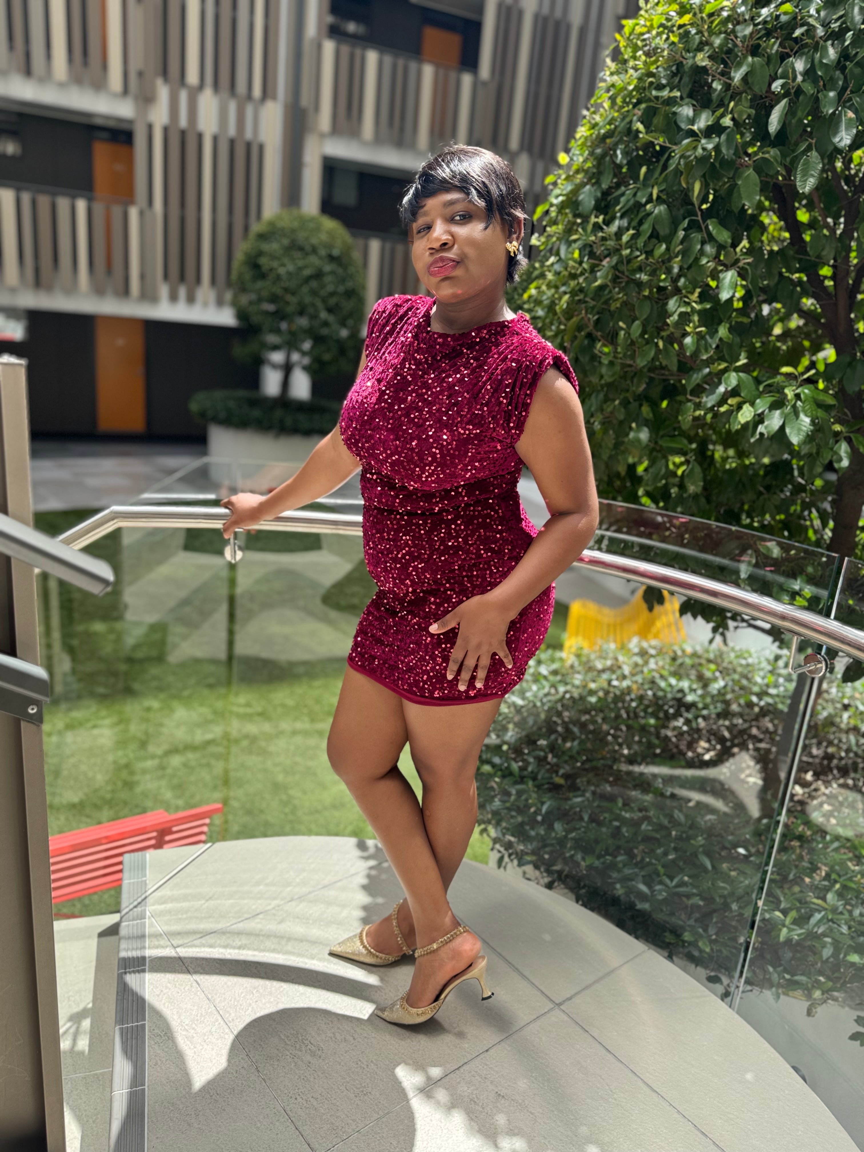 Seraphina Wine Sequin Shoulder-Pad Mini Dress