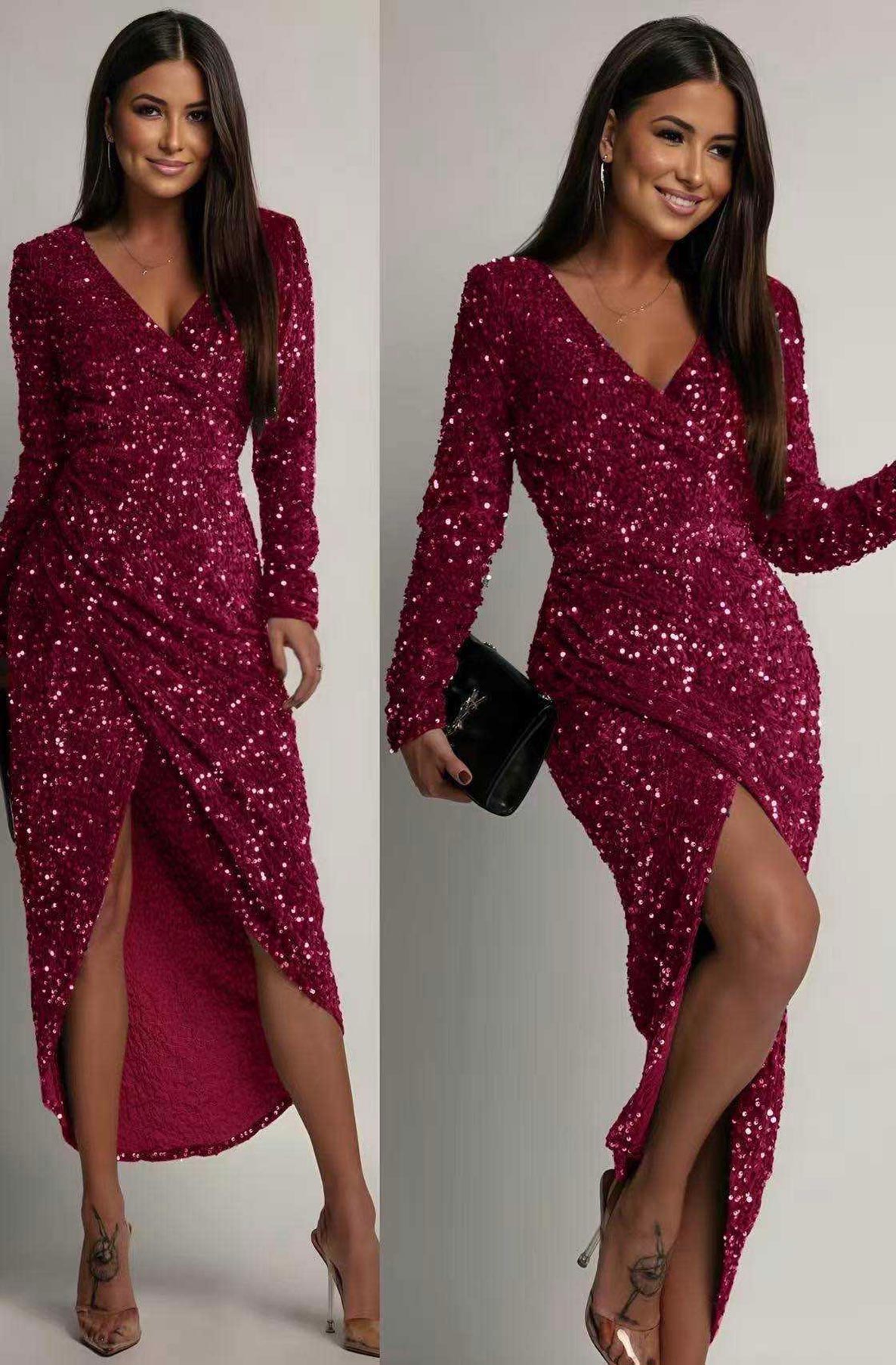 Wine luxe sequin wrap maxi dress